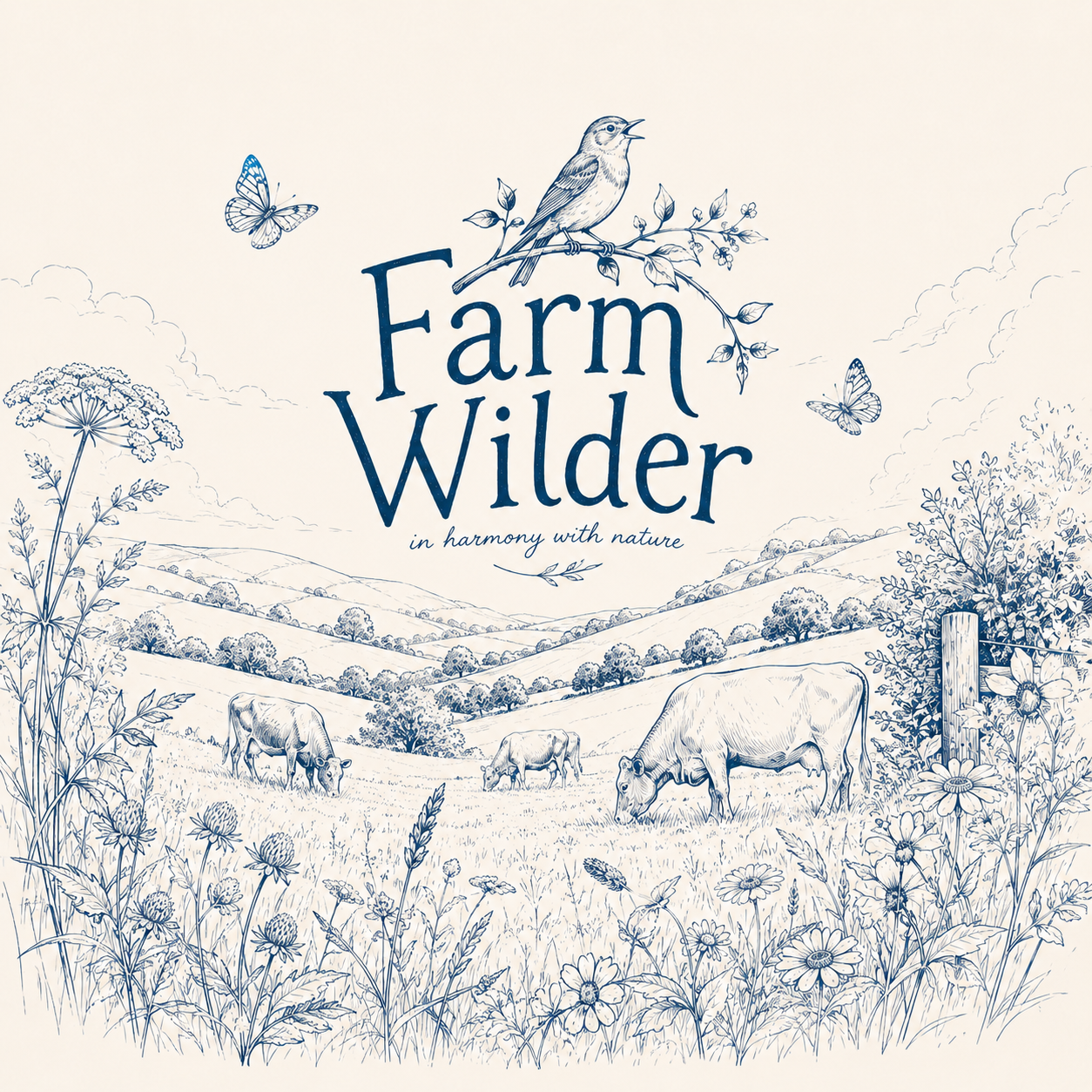 Line drawing of Farm Wilder inspired countryside with grazing cattle, wildflowers, butterflies and rolling pasture.