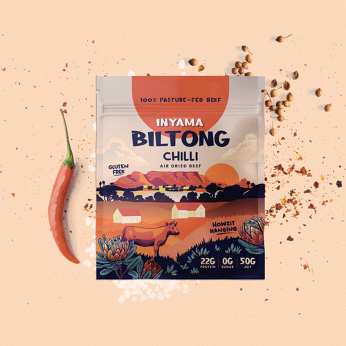 Chilli Biltong in a vibrant resealable bag – high-protein snack made from pasture-fed, regeneratively farmed beef.