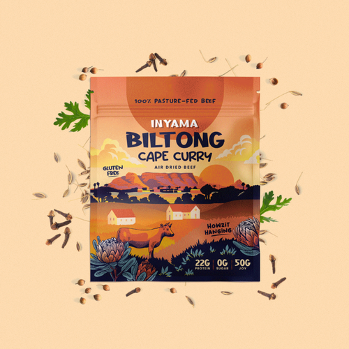 Inyama Curry Biltong in recyclable packaging – regeneratively farmed British beef, no added sugar, gluten free
