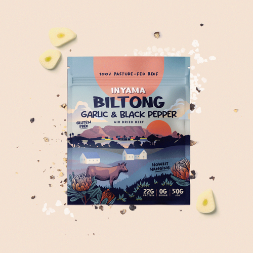 Garlic and Black Pepper Biltong in a resealable pouch – savoury biltong made from regeneratively farmed, pasture-fed beef.