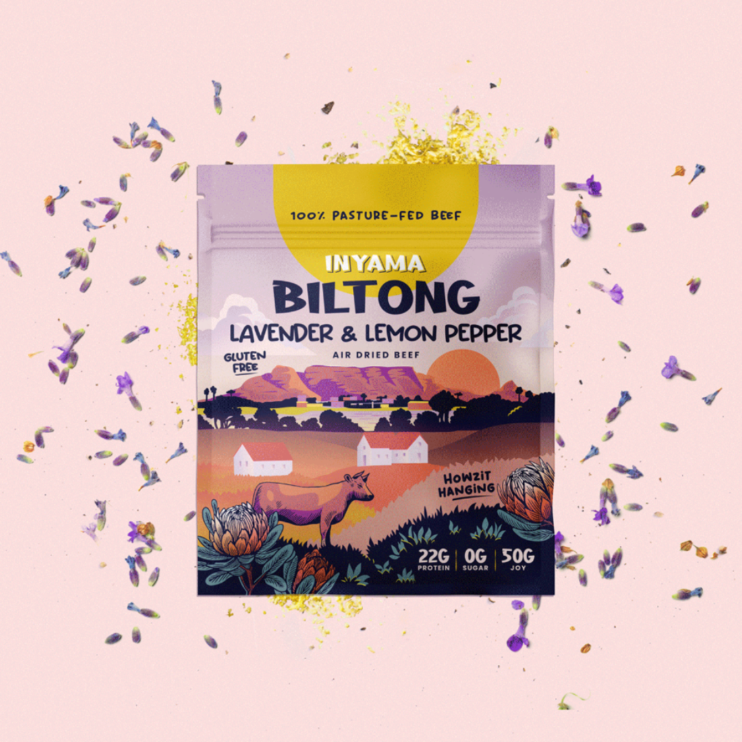 Lavender and Lemon Pepper Biltong in colourful resealable bag – unique flavour using regeneratively farmed, pasture-fed beef.