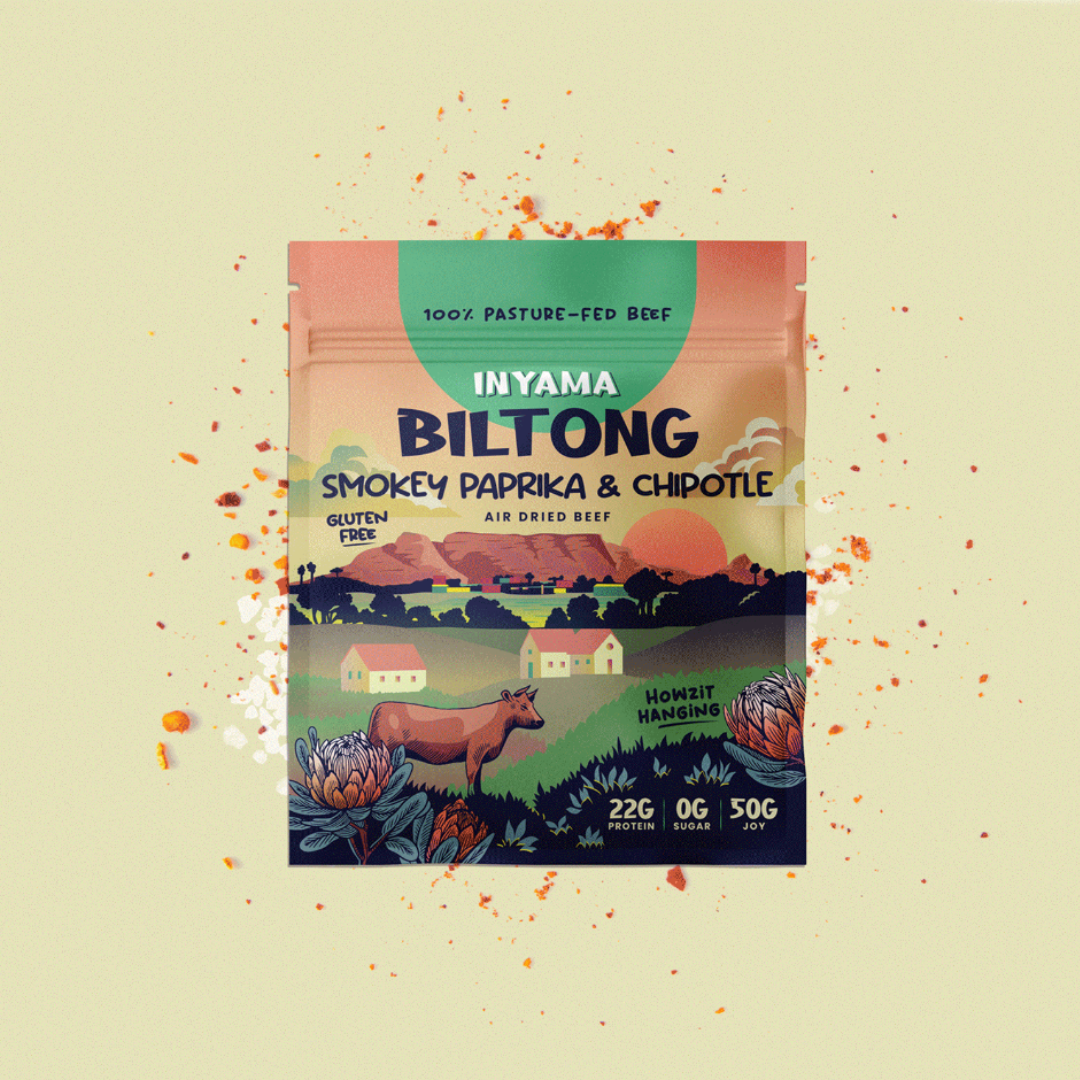 Smokey Paprika and Chipotle Biltong in resealable packaging – made with pasture-fed, regeneratively farmed beef.